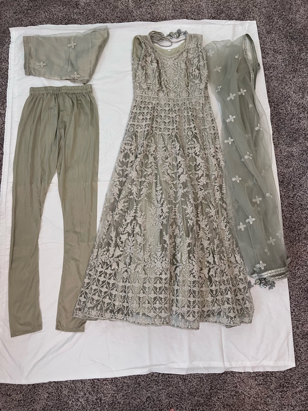 Sage Mist Embroidered Anarkali Suit with Rhinestone Work